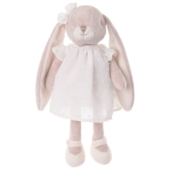 Bukowski Bears Lena premium quality stuffed animal bunny rabbit toy wearing white dress and shoes with a bow atop her head.
