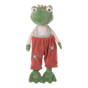 Bukowski Bears Prince premium quality stuffed animal green frog toy wearing a gold crown, polka dot shirt, and corduroy overalls with patchwork detail